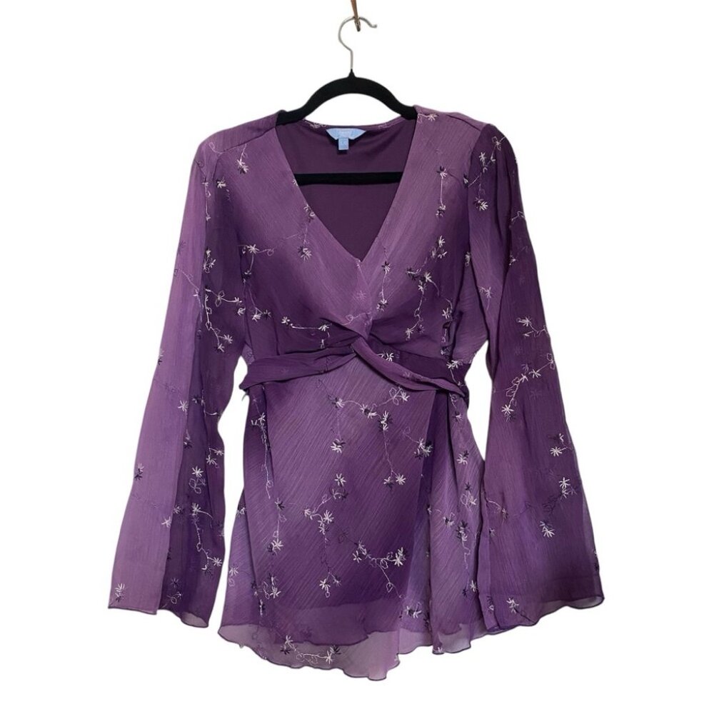Purple Floral Whimsical Tie-in-back Blouse